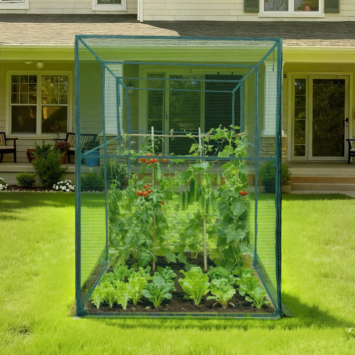 VEVOR Crop Cage outdoor installation shown in garden and patio