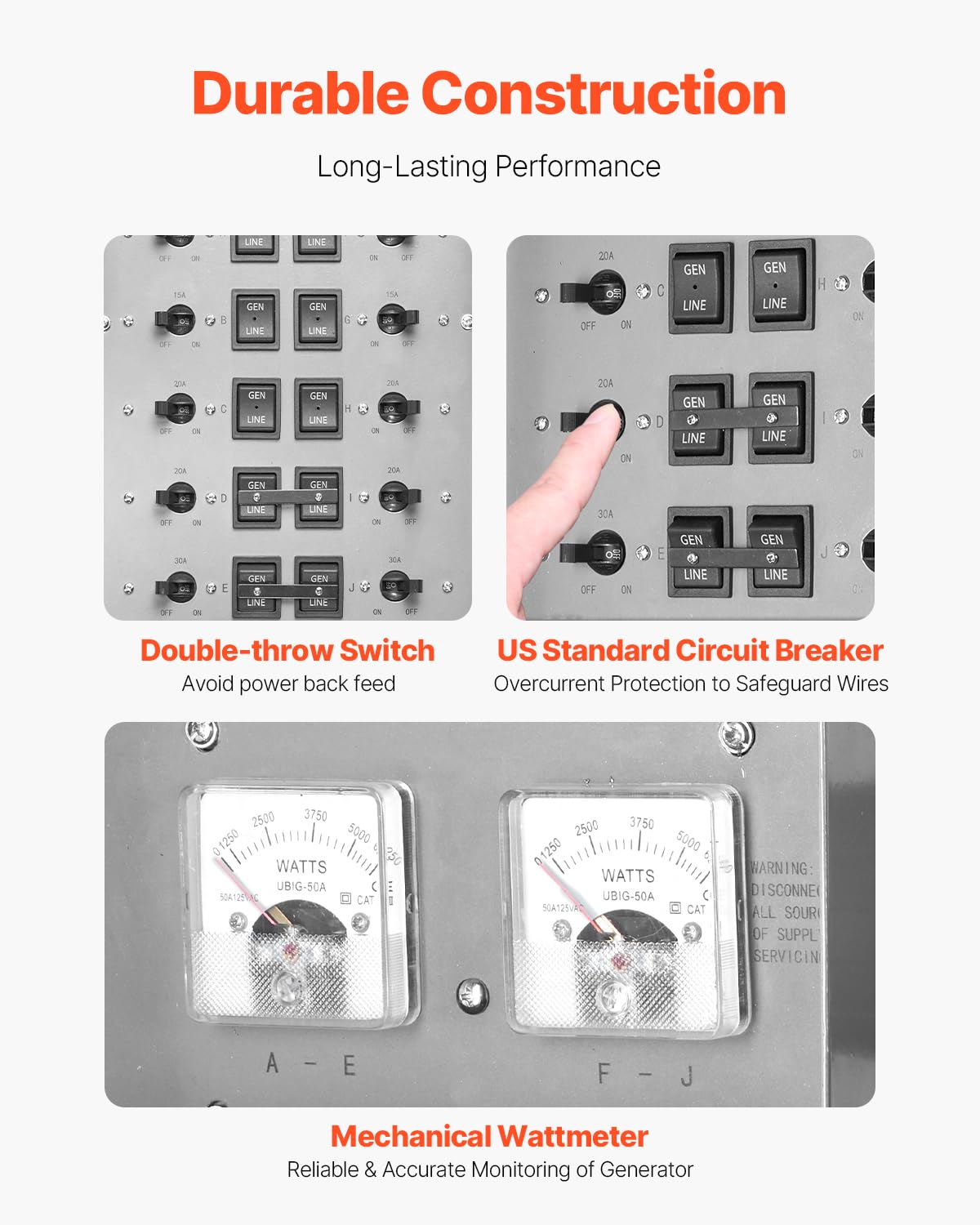 VEVOR double-throw switch prevents backfeed during power transitions.