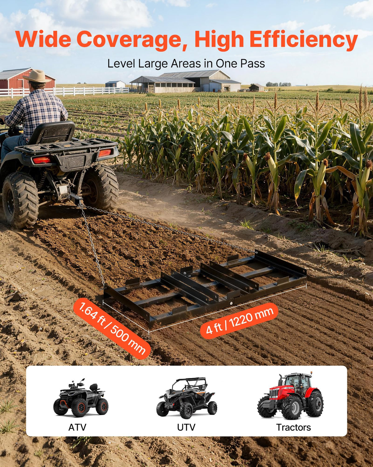VEVOR drag harrow 48x20 assembly diagram emphasizes quick setup for weekends