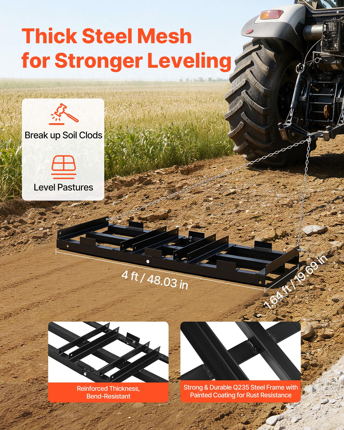 VEVOR drag harrow side view highlights heavy-duty construction for durable use