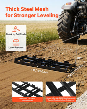 VEVOR drag harrow side view highlights heavy-duty construction for durable use