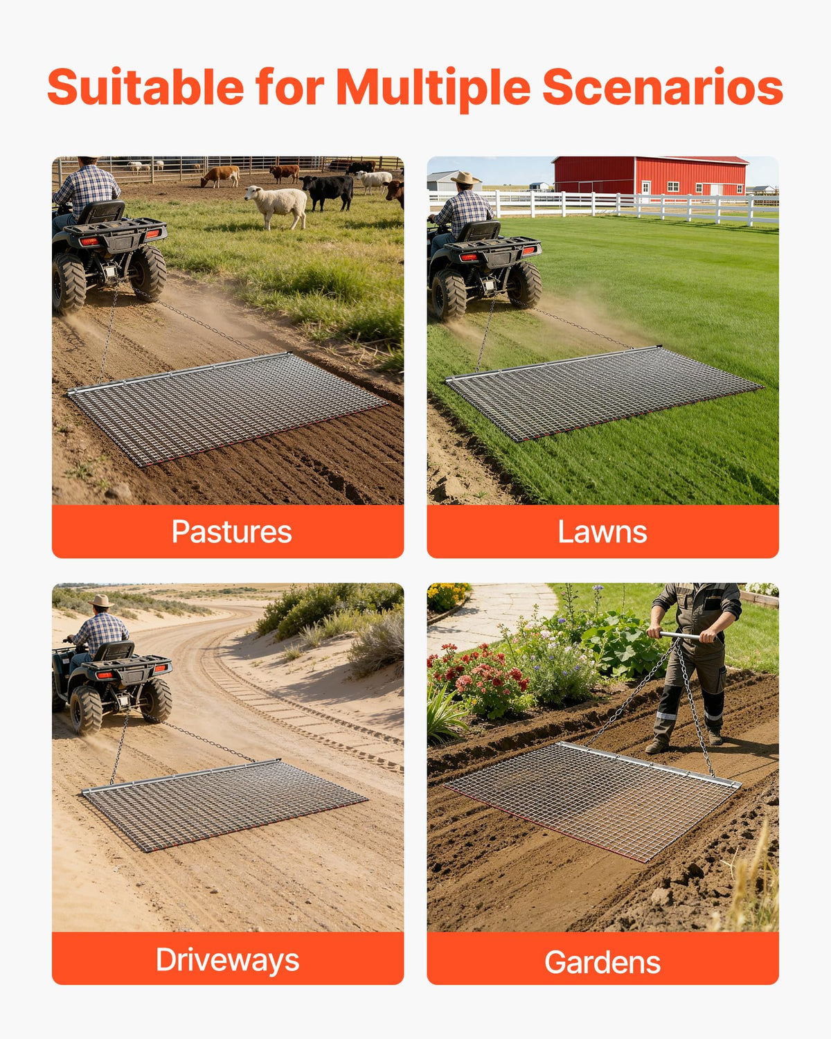 VEVOR Drag Harrow wide coverage reducing passes on a long driveway.