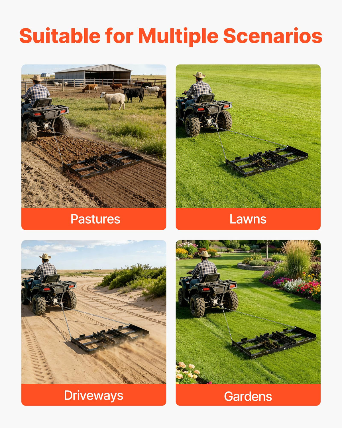 VEVOR drag harrow galvanized steel construction resists rust during year-round use
