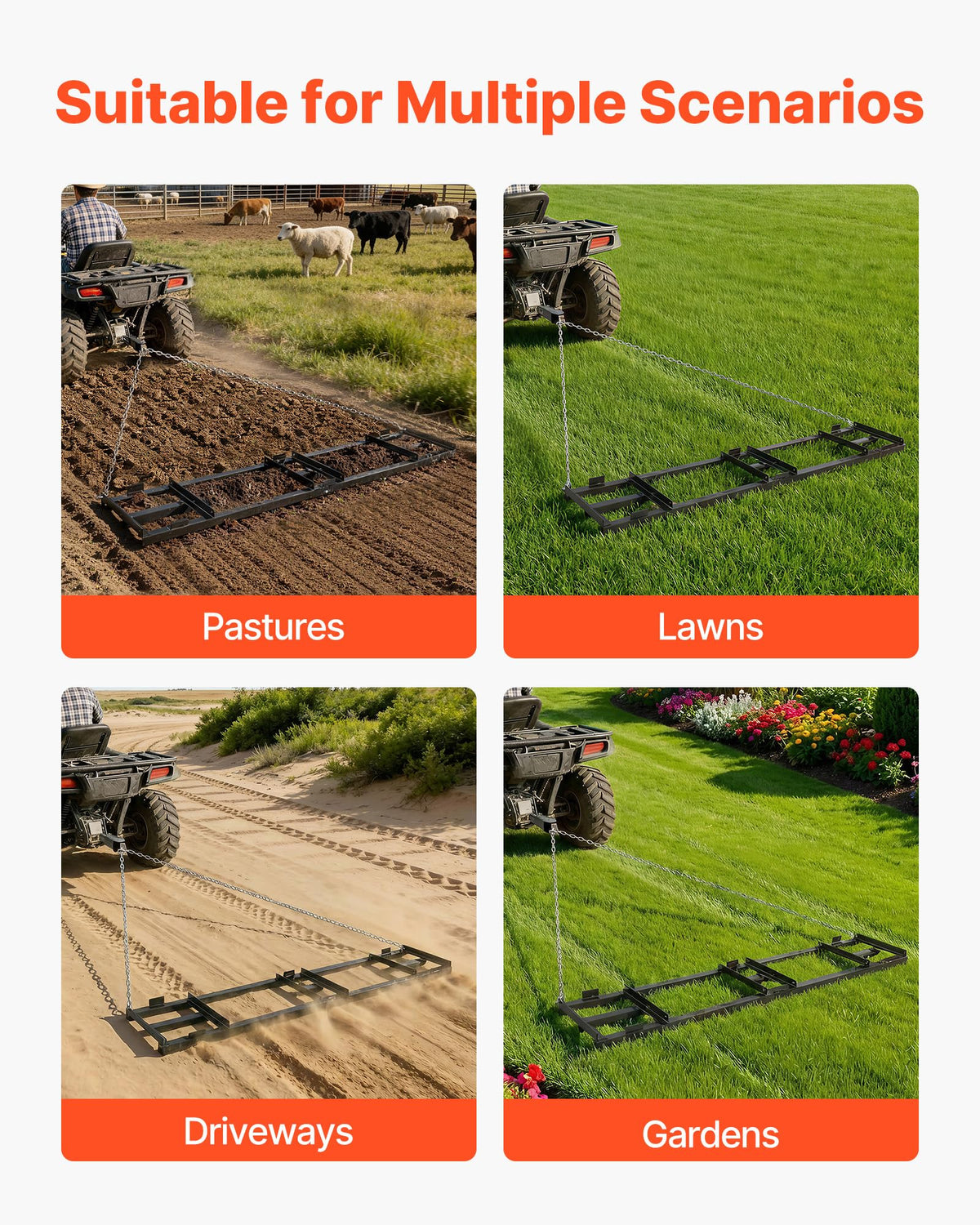 VEVOR drag harrow galvanized-steel frame resists rust for year-round use.