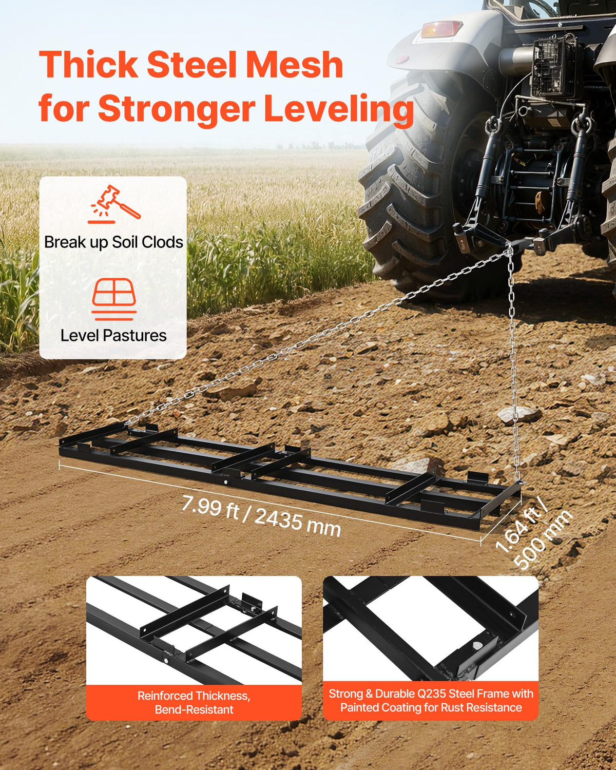 VEVOR drag harrow in ground-contact position smooths uneven driveways.