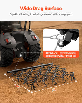 VEVOR drag harrow 60 teeth leveling action smooths soil surfaces.