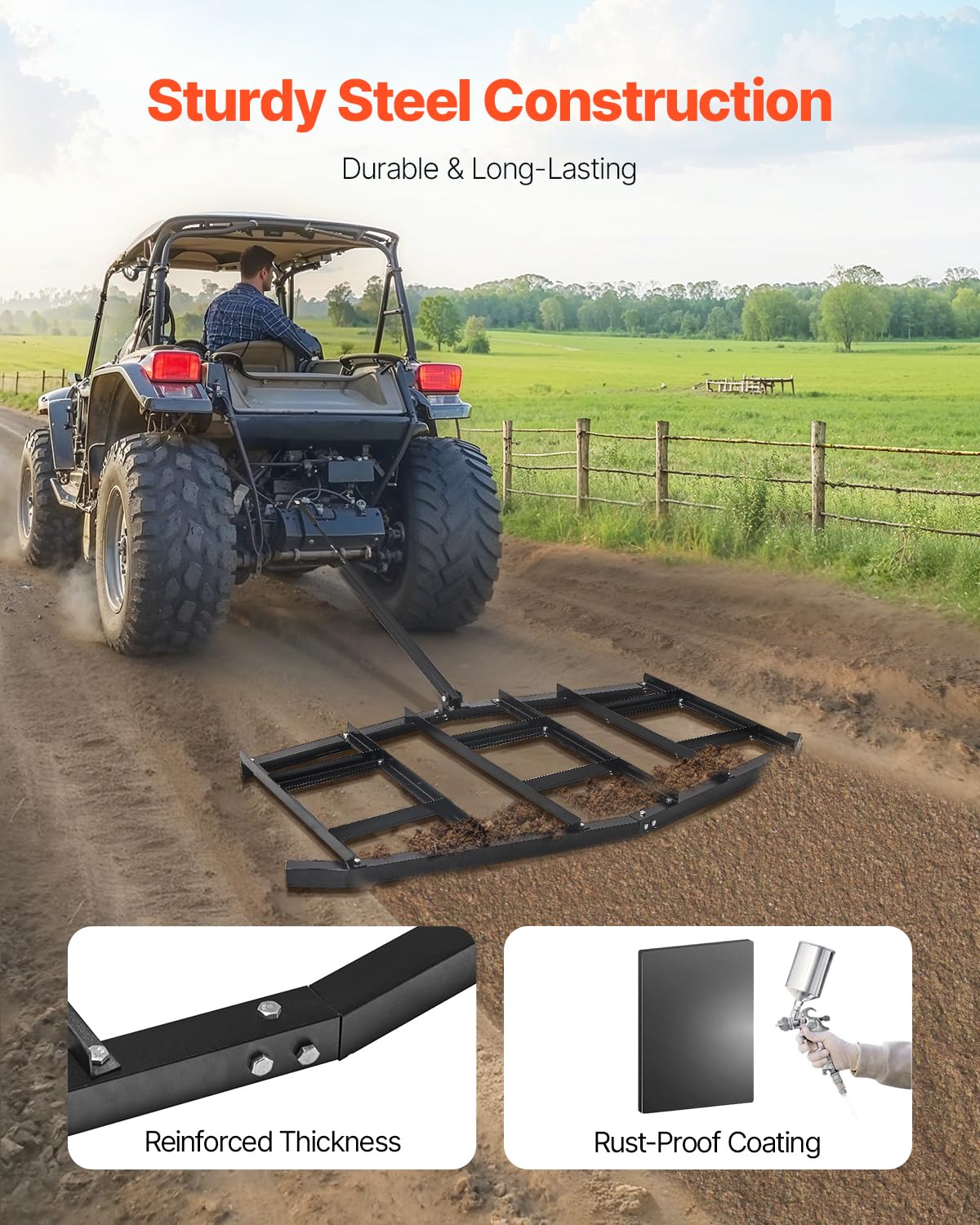 VEVOR drag harrow quick-attach hitch demonstrates fast connection to ATV or tractor
