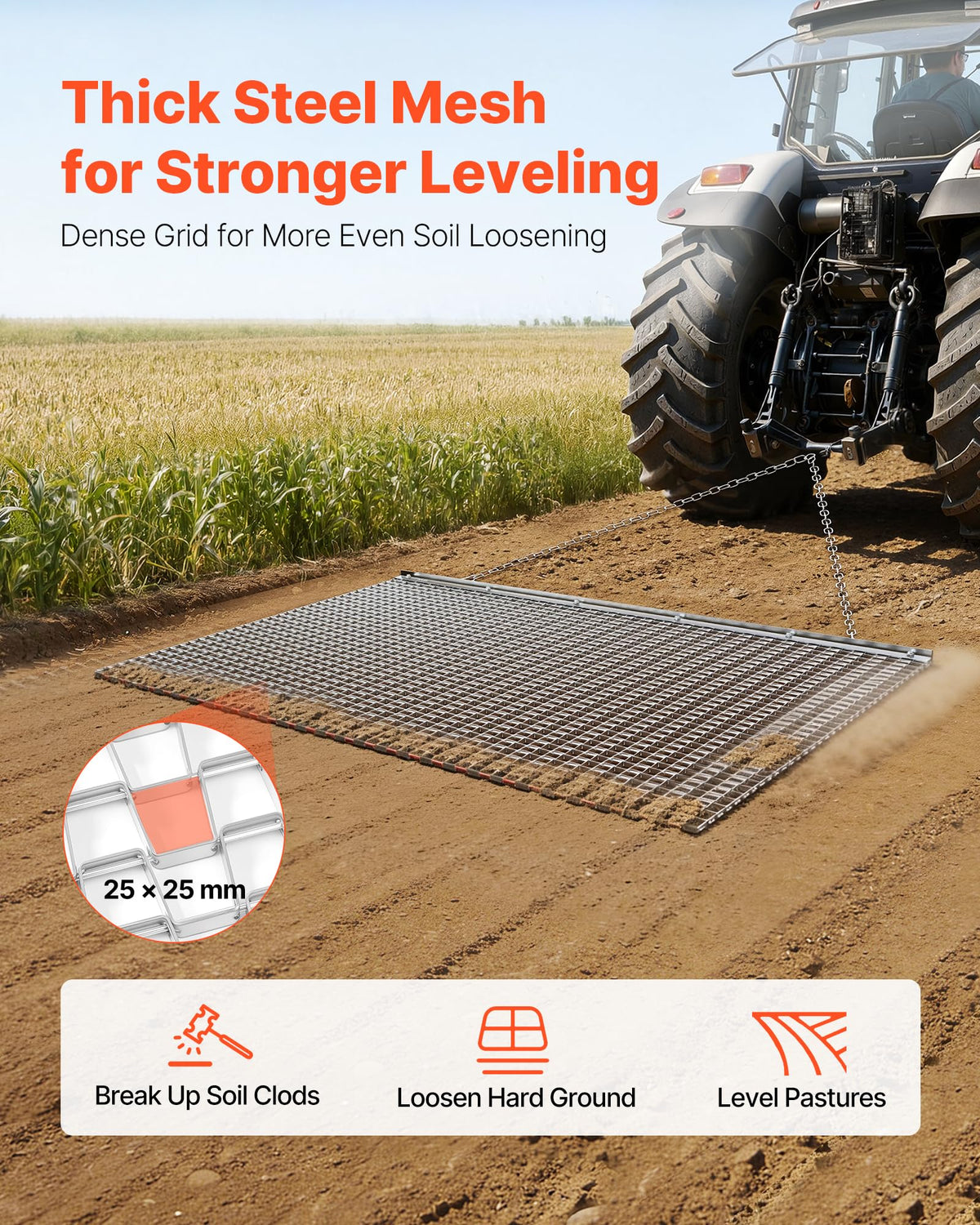 VEVOR Drag Harrow steel mesh close-up highlighting heavy-duty galvanized construction.