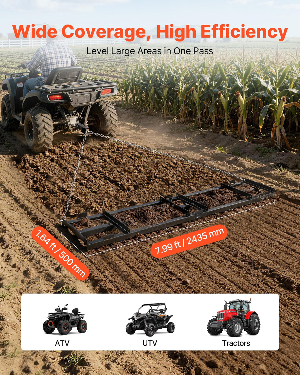 VEVOR drag harrow tow-behind setup demonstrates easy chain towing connection.