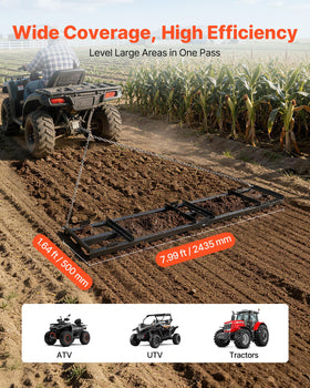 VEVOR drag harrow tow-behind setup demonstrates easy chain towing connection.