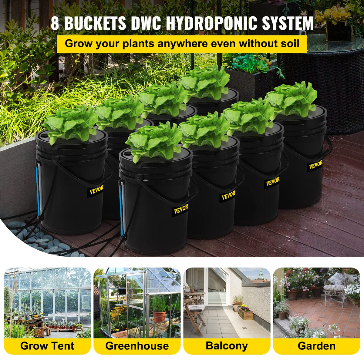 VEVOR 5-gallon buckets provide ample space for leafy greens and compact crops.