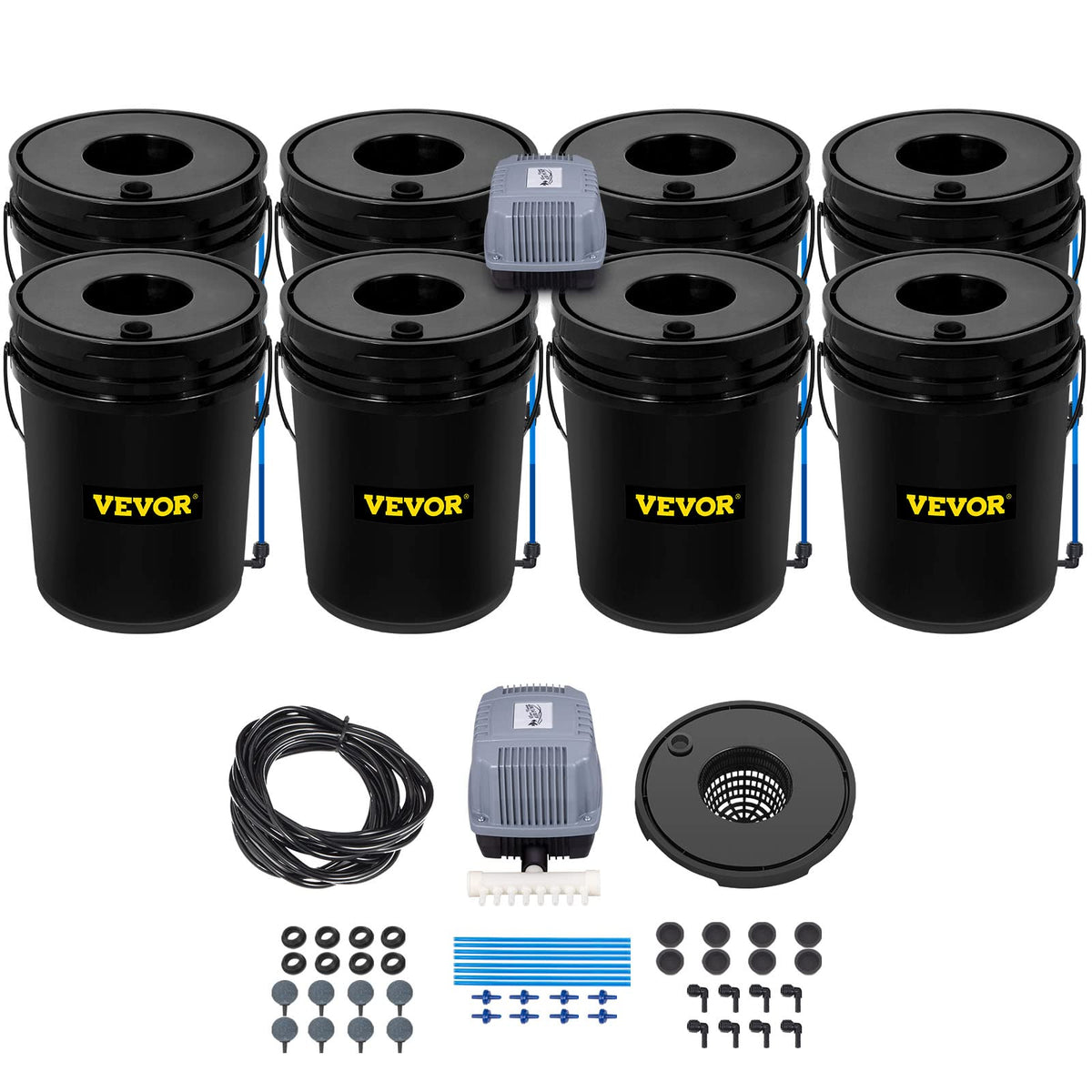 VEVOR DWC system with eight buckets showing a multi-plant setup and potential higher yield.