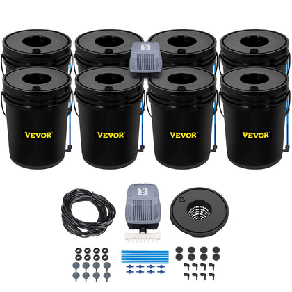 VEVOR DWC system with eight buckets showing a multi-plant setup and potential higher yield.