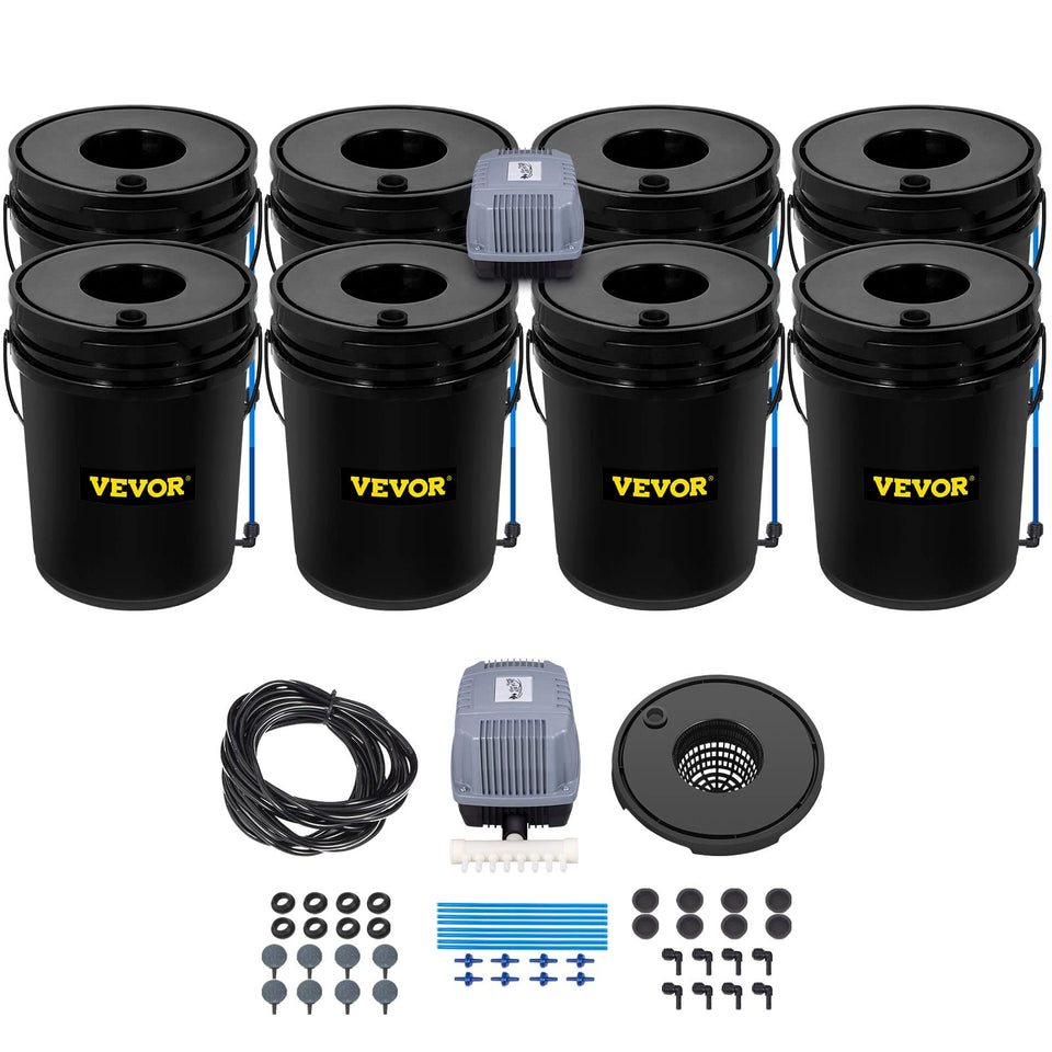 VEVOR DWC system with eight buckets showing a multi-plant setup and potential higher yield.
