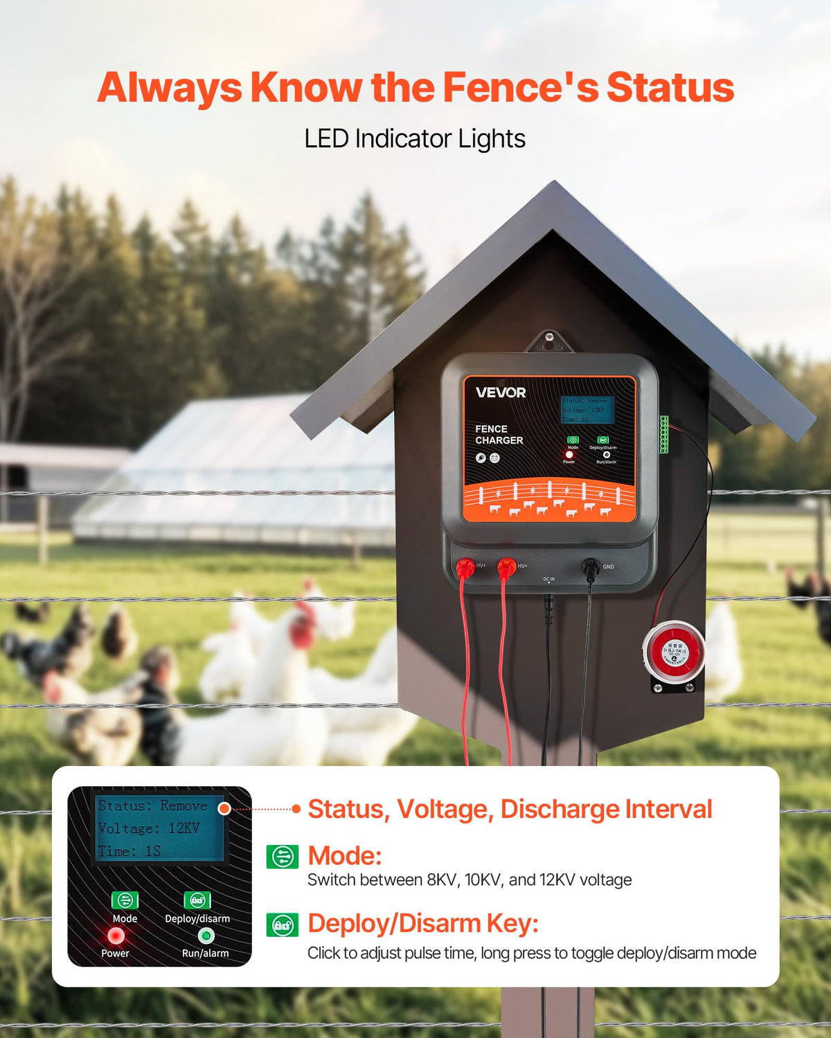 VEVOR alarm-equipped fence charger alerts for faults and intrusions