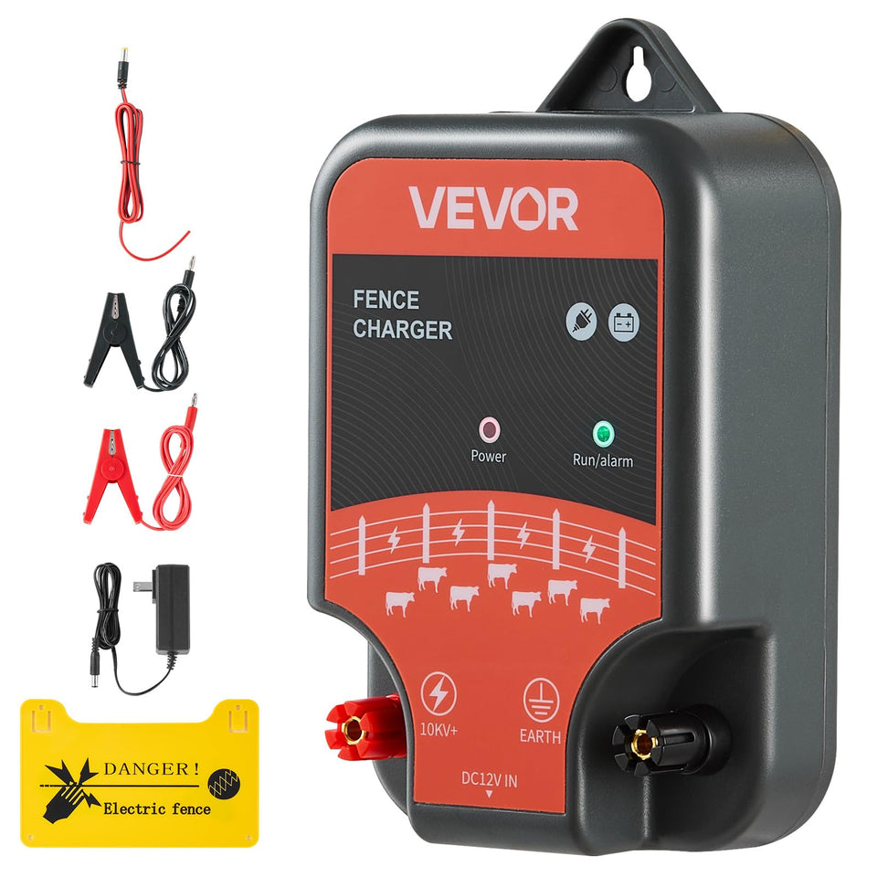 VEVOR Electric Fence Charger front view shows rugged housing for reliable power delivery.