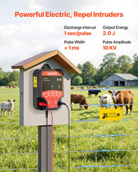 VEVOR Electric Fence Charger side view highlights compact plug-in design for easy setup.