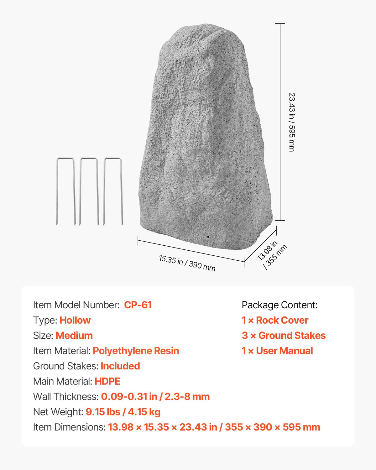 VEVOR Faux Rock Cover includes metal stakes for secure placement