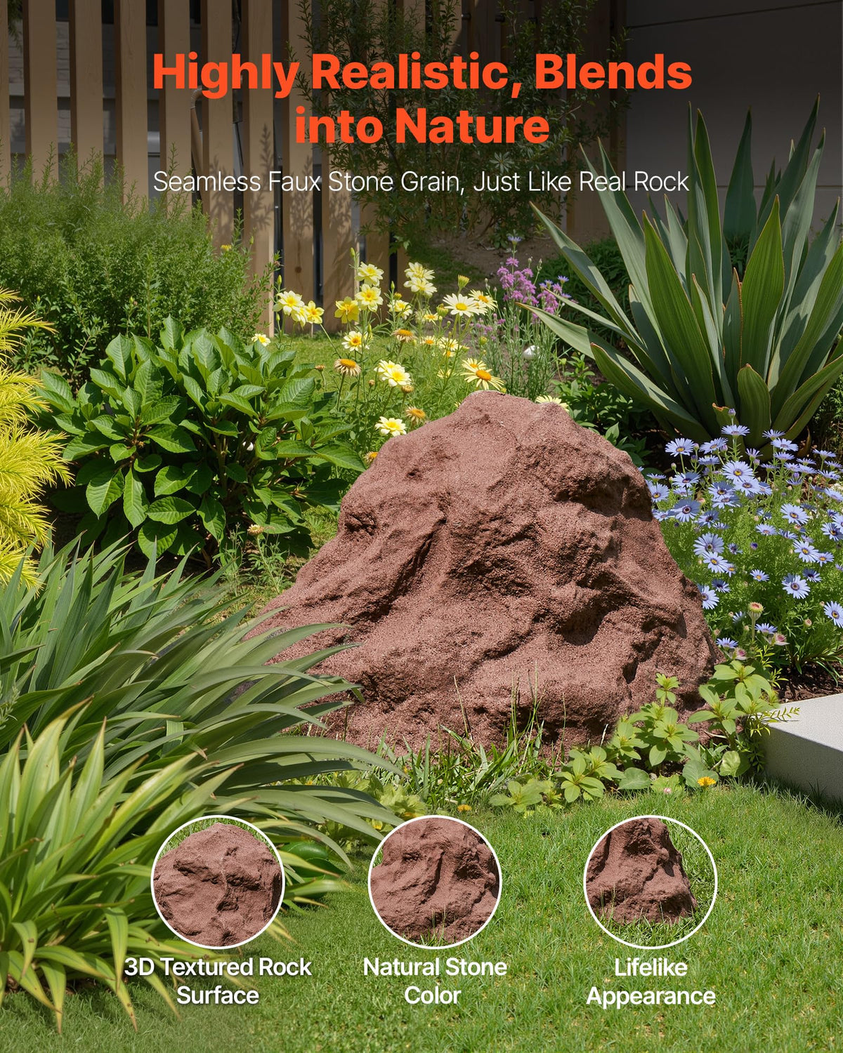 VEVOR faux rock cover side view showing seamless landscape integration