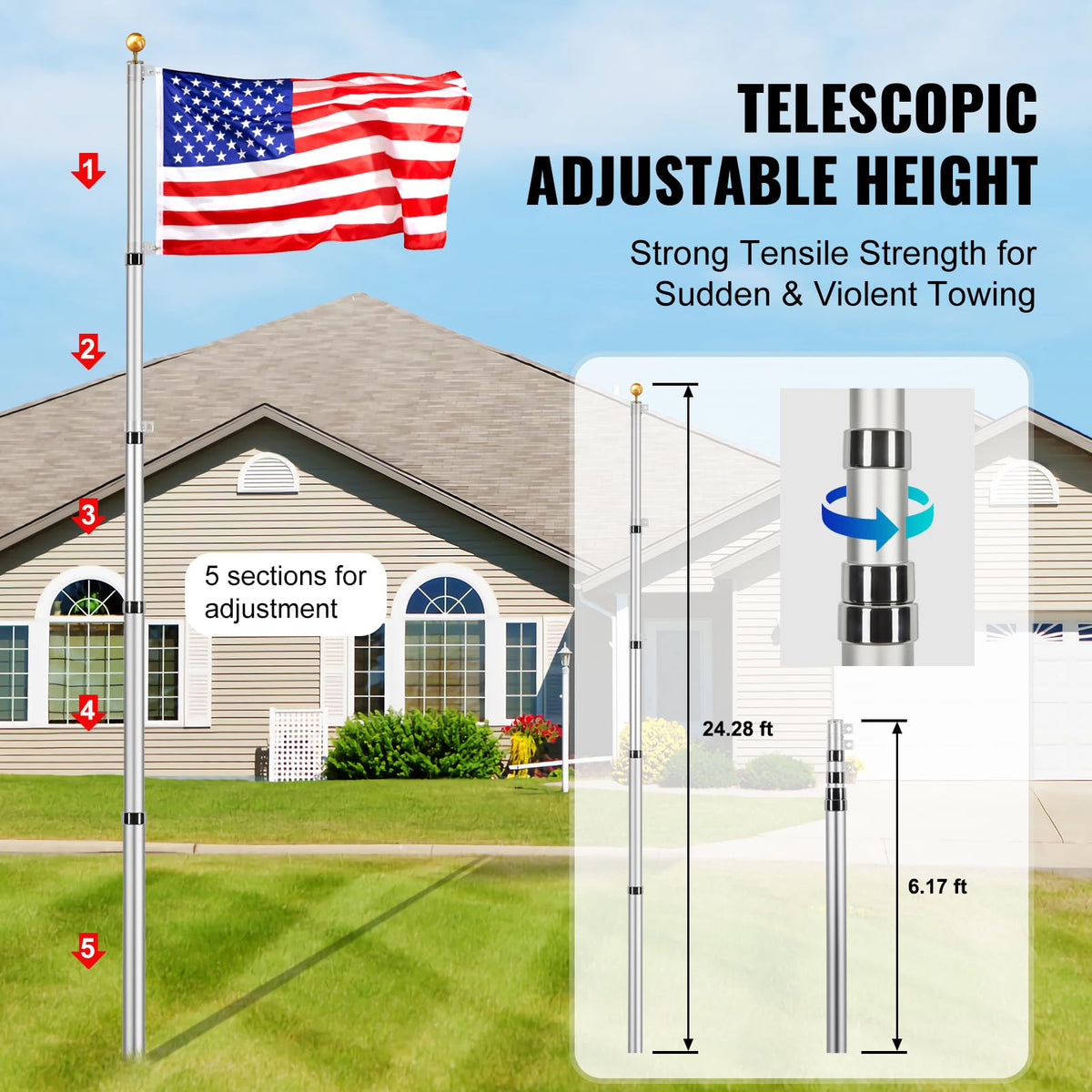 VEVOR flag pole extended to full height for dramatic yard display