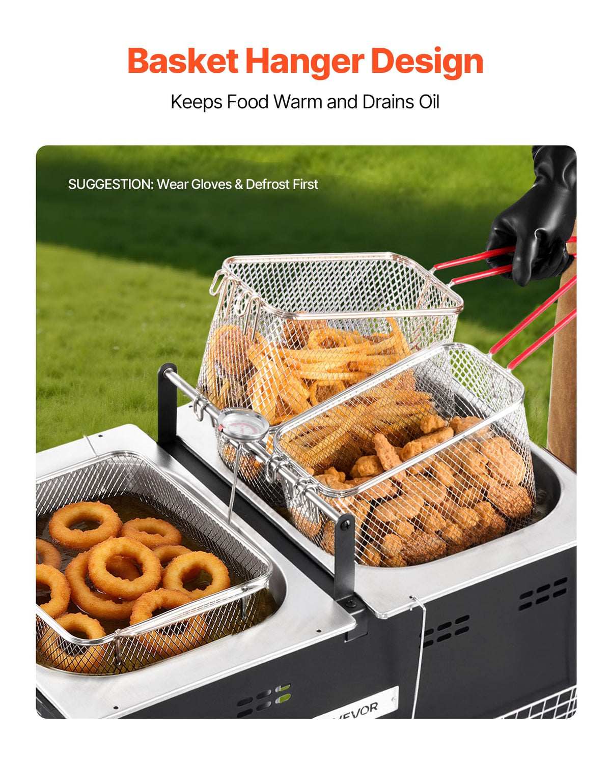 VEVOR floor-standing fryer showing hanging rod for draining and warming food