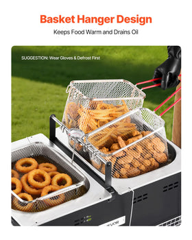 VEVOR floor-standing fryer showing hanging rod for draining and warming food