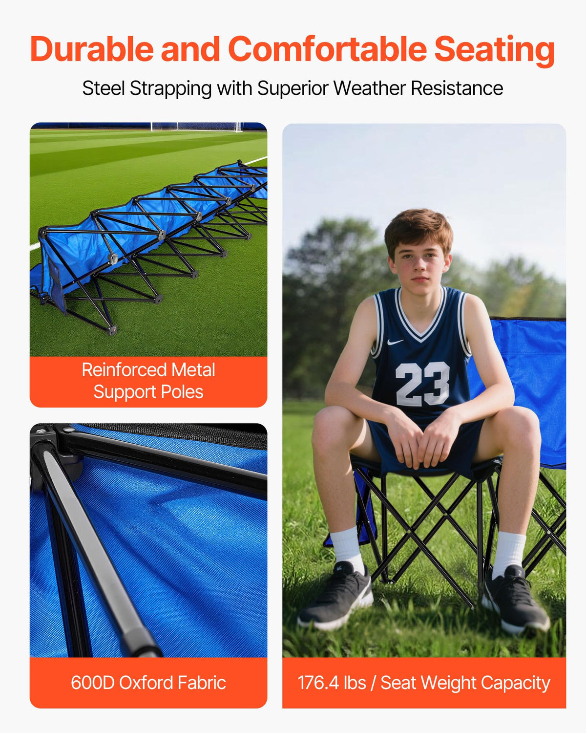 VEVOR folding bench with backrest offers comfortable seating for players.