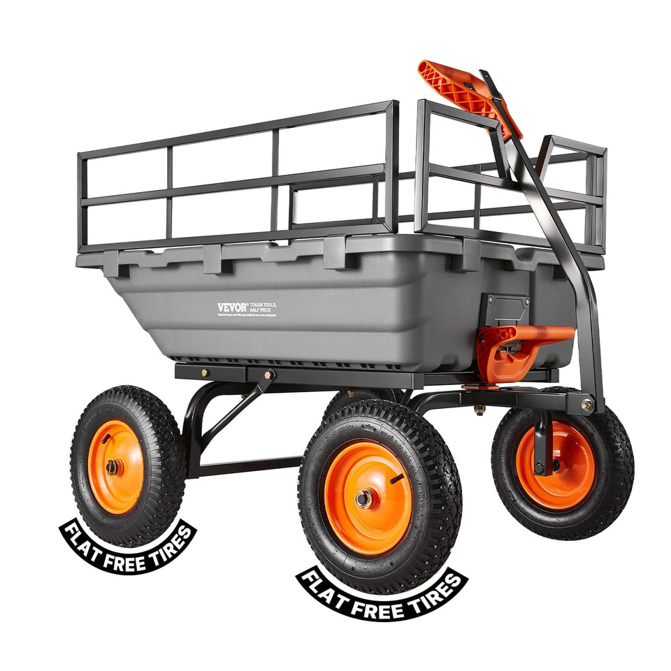 VEVOR garden dump cart 1500lbs capacity with large 15 cu ft bed for soil and mulch.