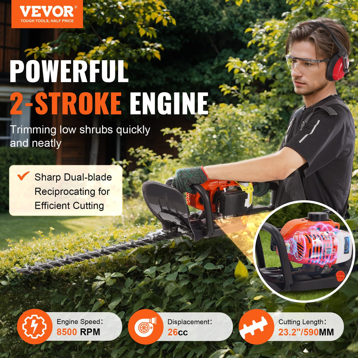 VEVOR hedge trimmer blade in action at 6500rpm for clean cuts