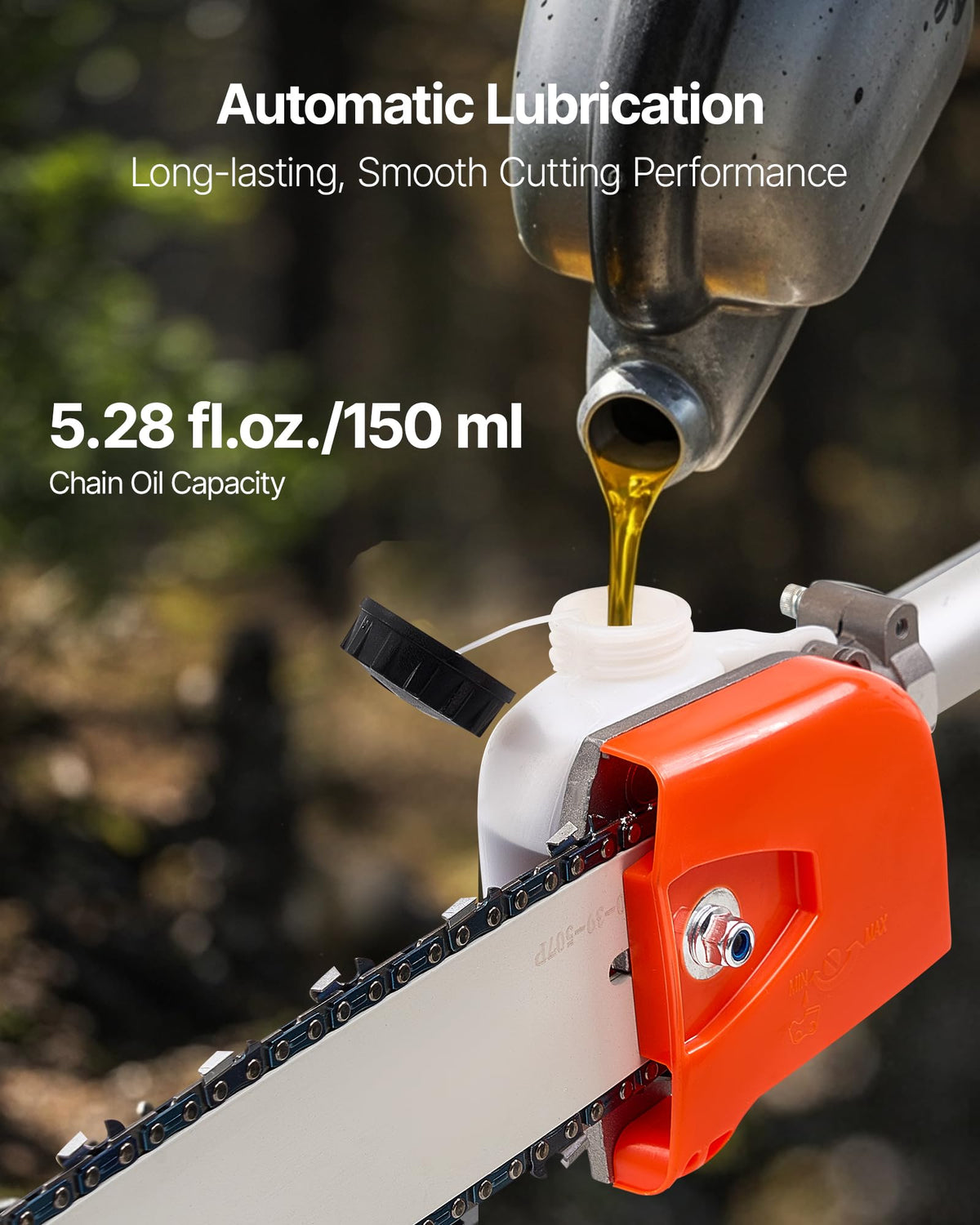 VEVOR chain oil reservoir keeps the chain lubricated during tasks.