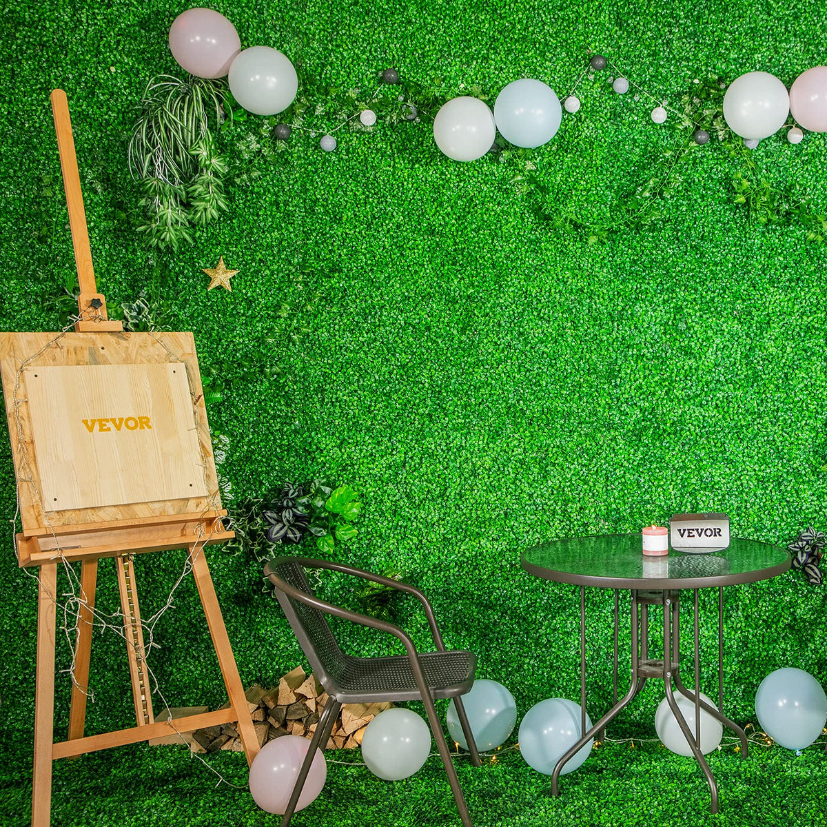 VEVOR grass wall panel wedding backdrop shows lush green vibe for occasions and celebrations.