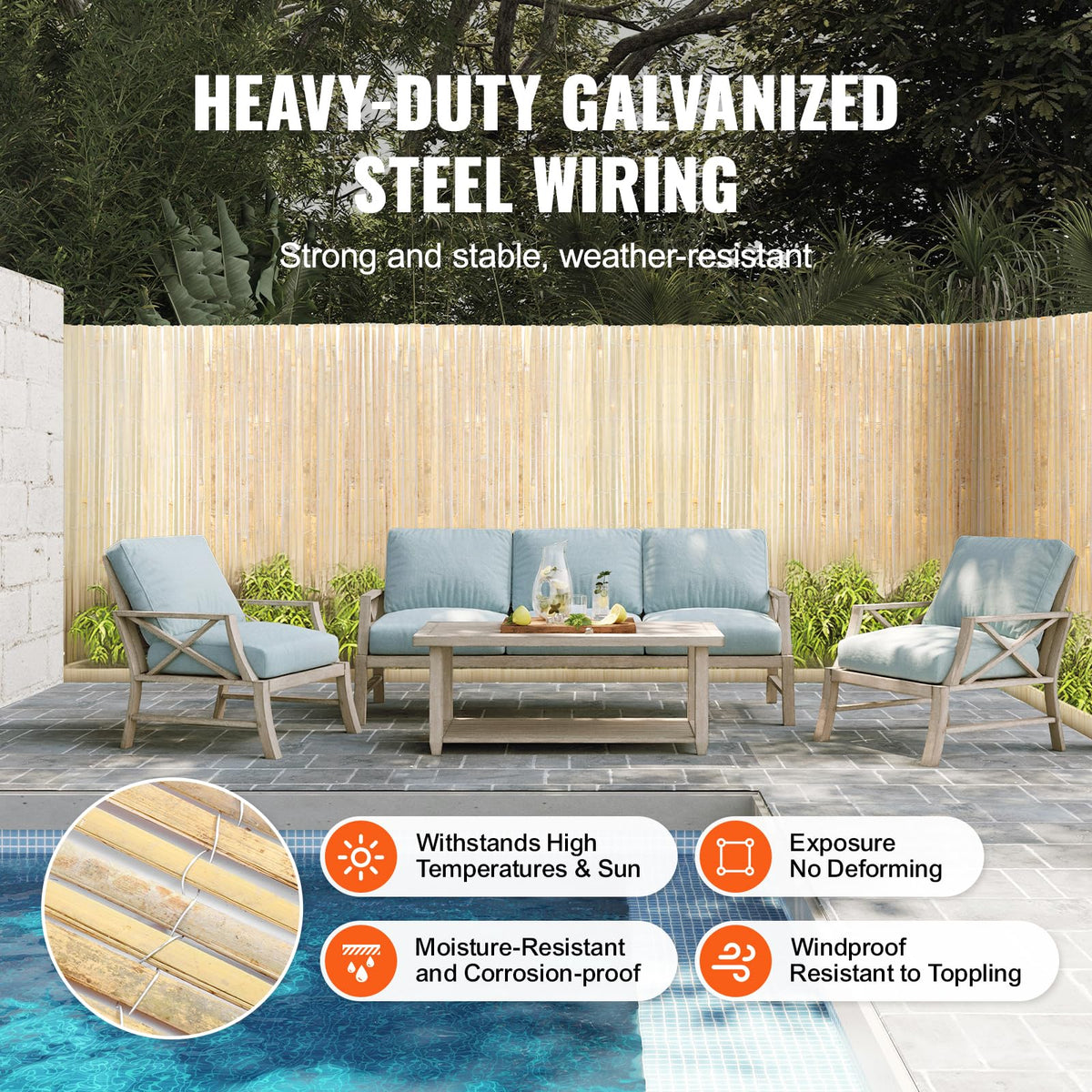 VEVOR heat-treated bamboo stays weather-resistant with extended lifespan.