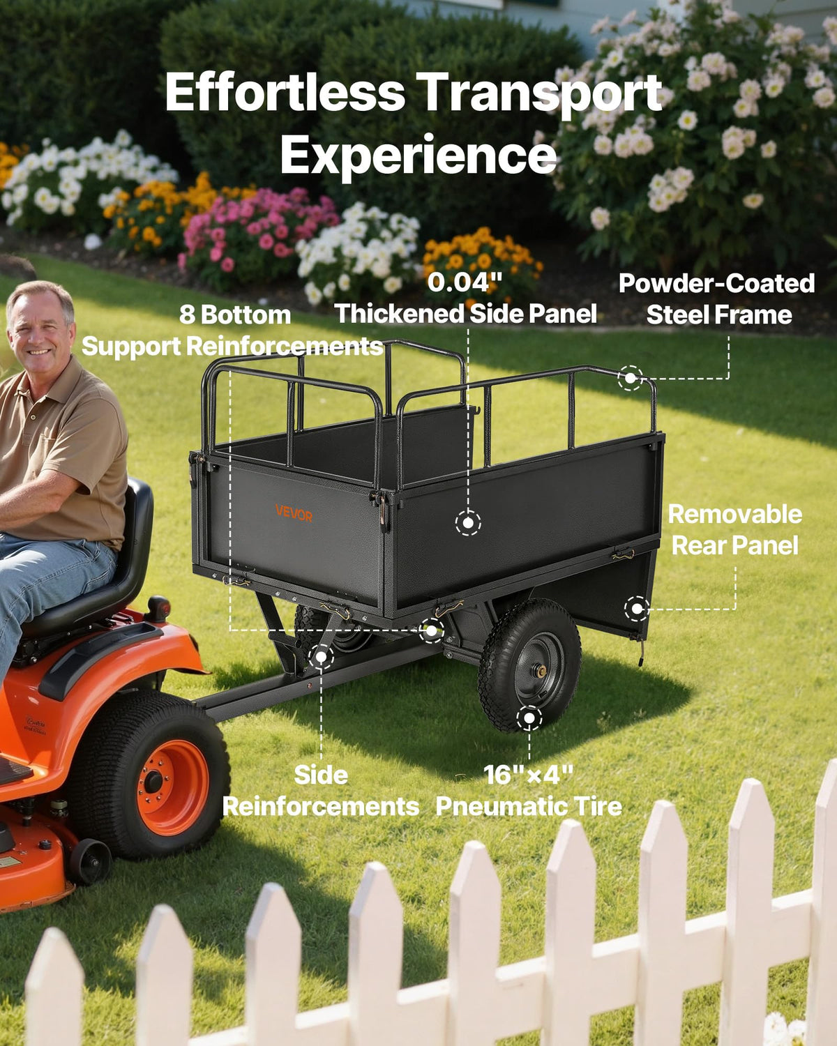 VEVOR heavy-duty trailer 16-inch pneumatic tires provide smooth movement on grass
