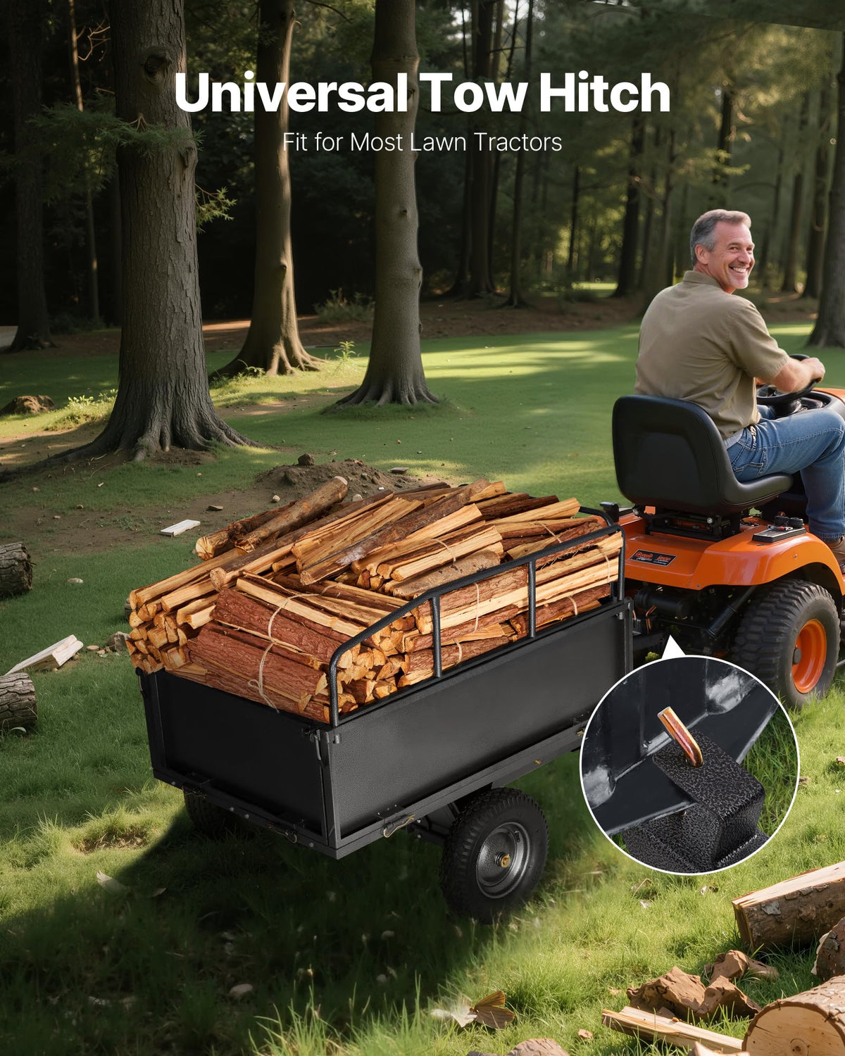 VEVOR 17 cu ft trailer capacity shown for hauling soil and compost efficiently