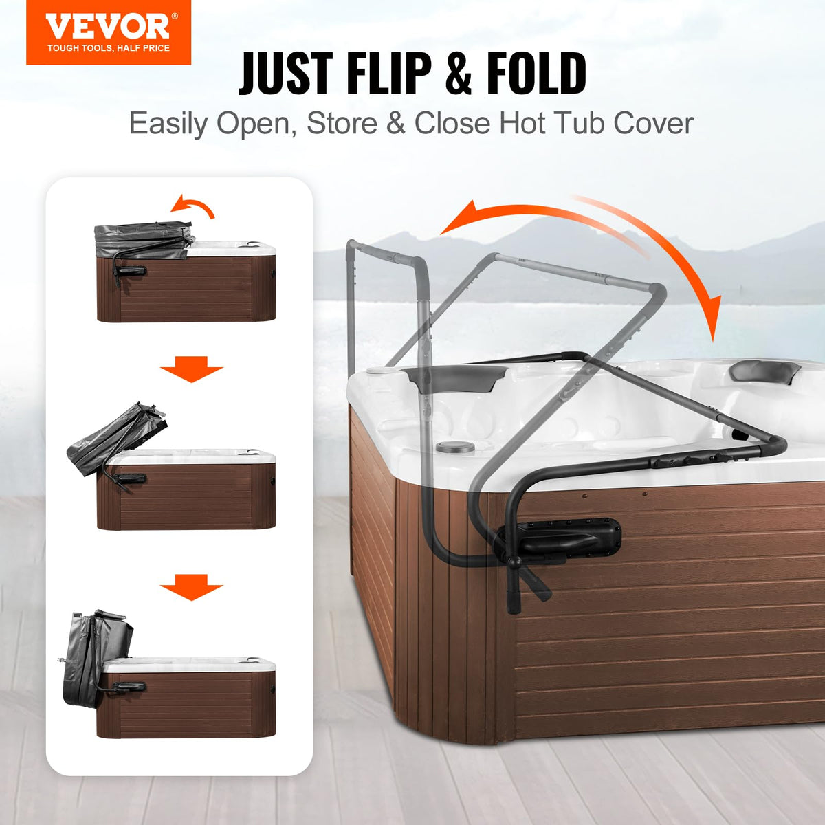 VEVOR hot tub cover lift side-mount demonstrates height-adjustable support
