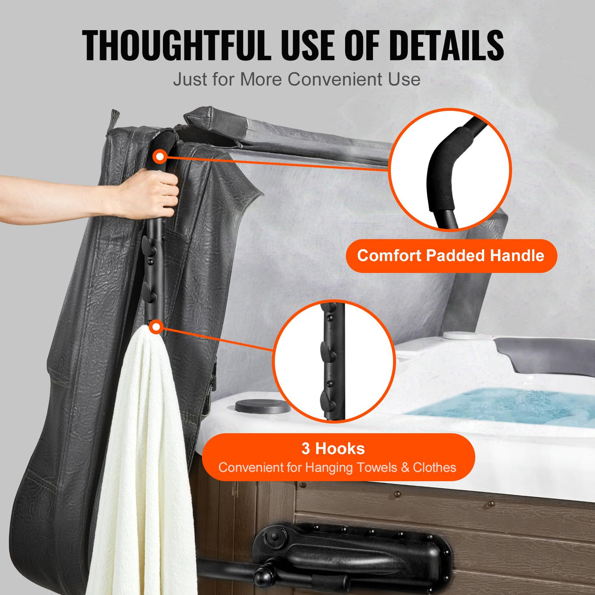 VEVOR hot tub cover lift includes towel hooks for quick access