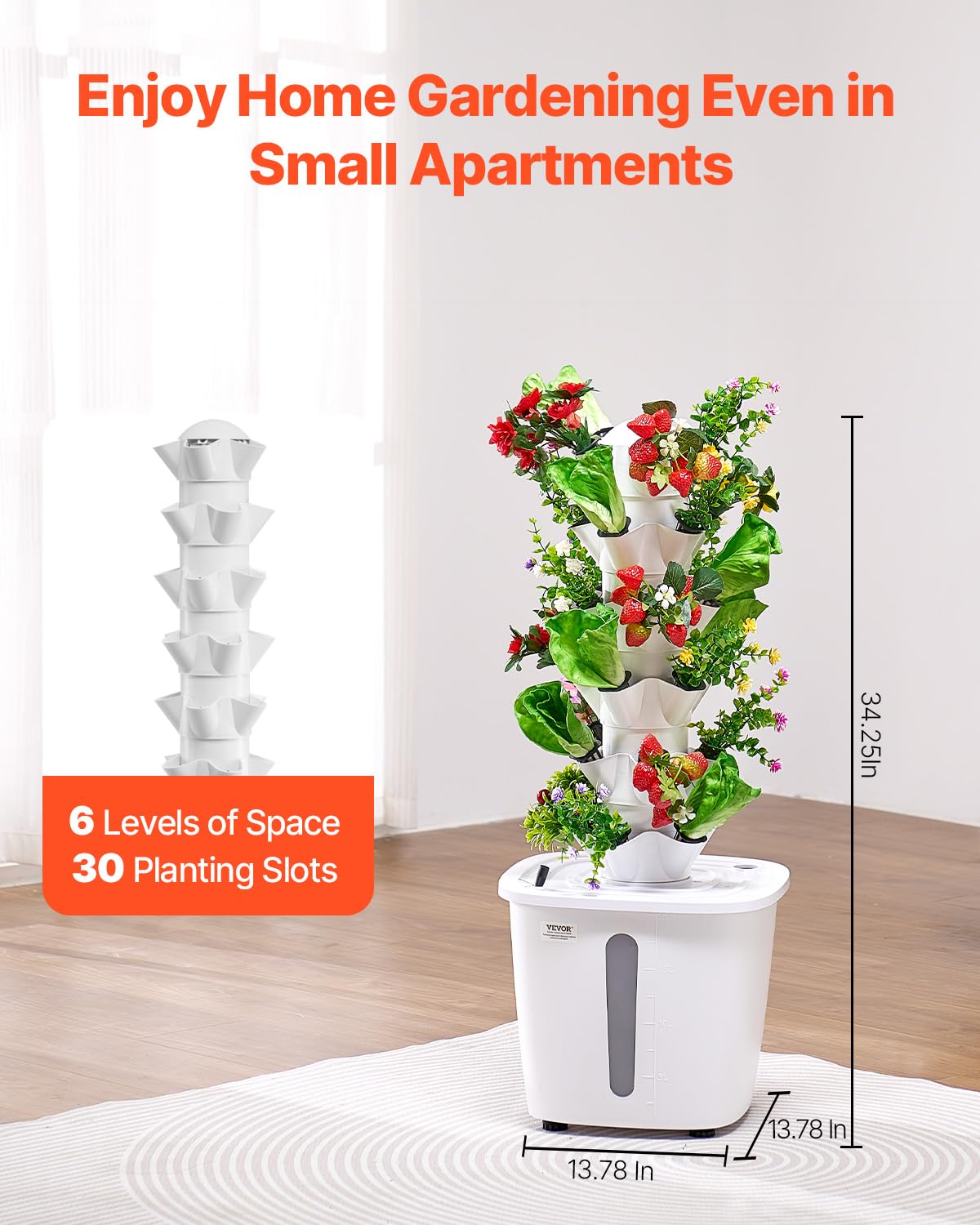 VEVOR Hydroponic Tower 6 tiers side angle highlights space-saving vertical gardening