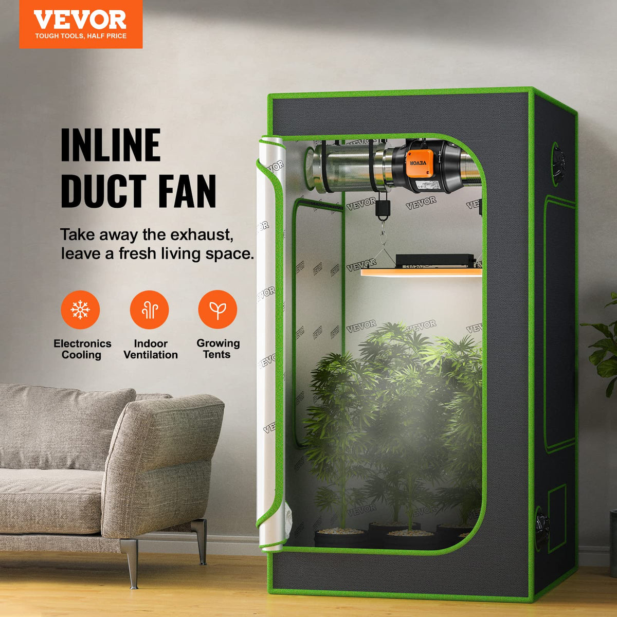 VEVOR inline duct fan 6-inch side view shows robust airflow for grow tents.