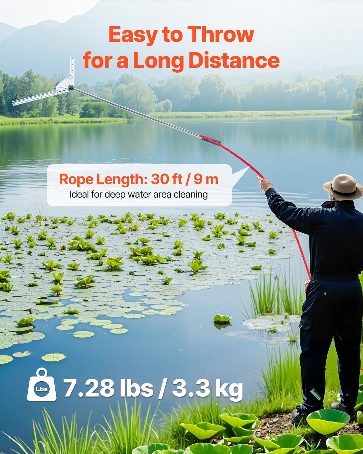 VEVOR Lake Weed Cutter with 30 ft throw rope for long reach