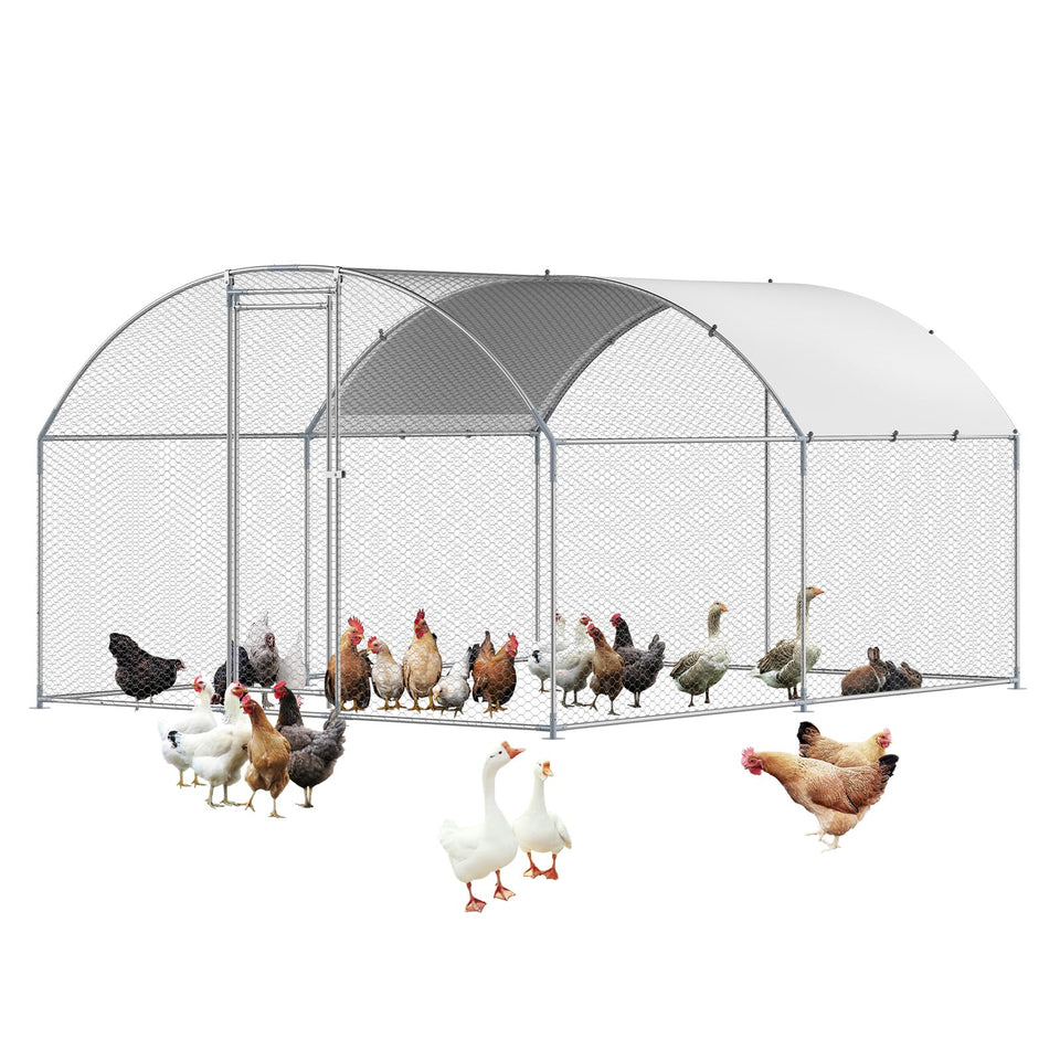 VEVOR large metal chicken coop with run shows sturdy galvanized steel frame for lasting outdoor use.
