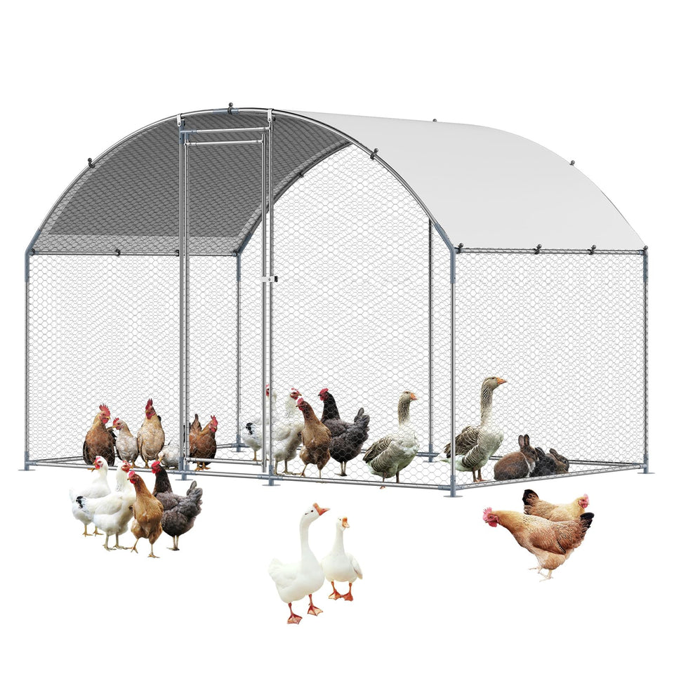 VEVOR large metal chicken coop with run front view, showcasing sturdy frame for outdoor use.