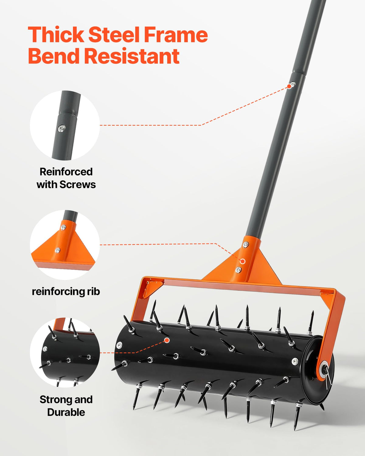 VEVOR lawn aerator features a 60-inch handle for comfortable upright operation