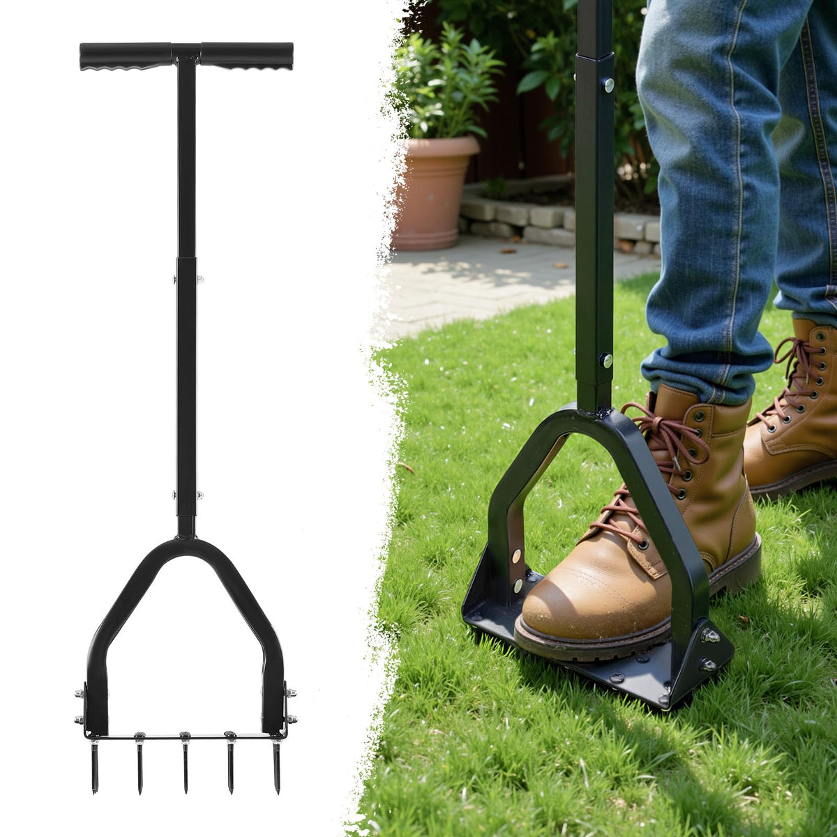 VEVOR Lawn Aerator with 15 spikes penetrates compact soil to improve airflow.