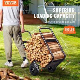 VEVOR Log Cart with 10.5-inch pneumatic wheels rolls over uneven terrain.