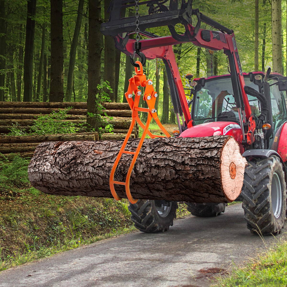 VEVOR log tongs attached to a tractor in operation
