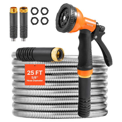 VEVOR metal garden hose 25 ft, straight layout for easy yard watering.