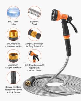 VEVOR metal garden hose rust-proof shell shown outdoors for durability.