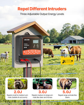 VEVOR fence charger side panel showing sturdy outdoor housing