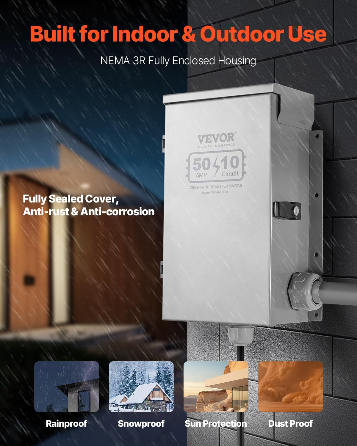 VEVOR NEMA 3R weatherproof enclosure protects outdoor connections.