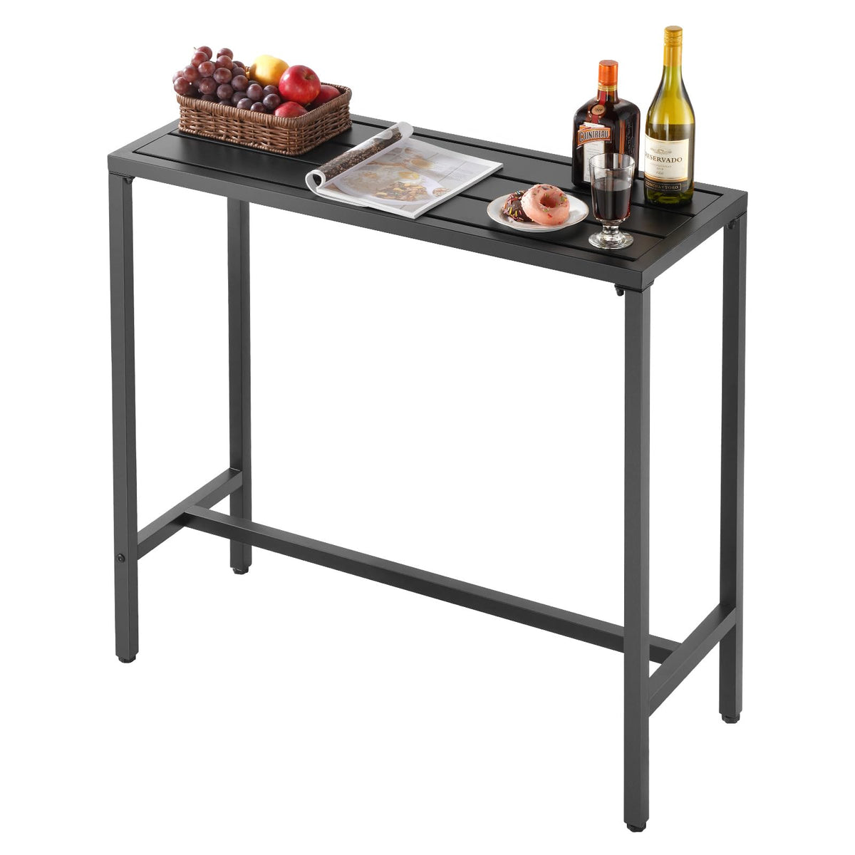 VEVOR outdoor bar table top view showing the 39.4 x 15 inch surface ideal for small gatherings